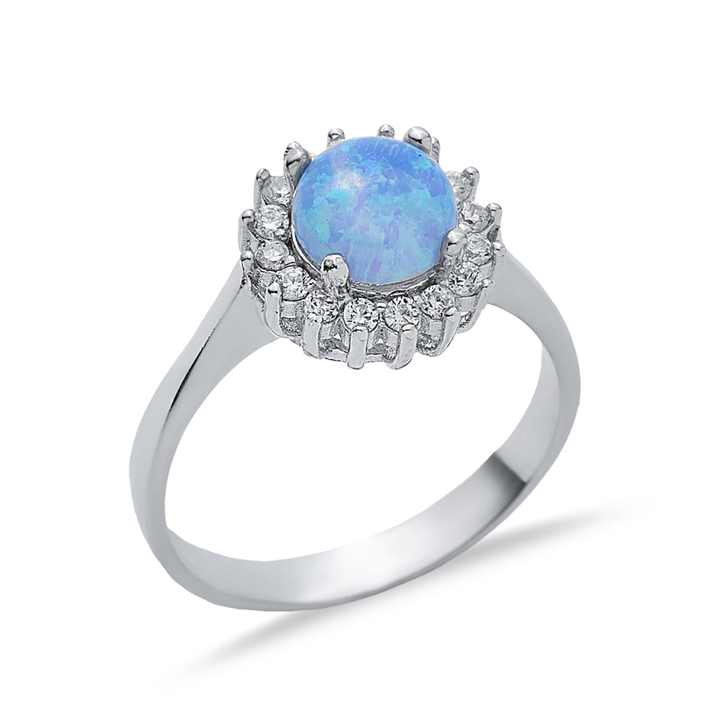 Round CZ Stone Solitaire Light Blue Opal Silver Cluster Ring