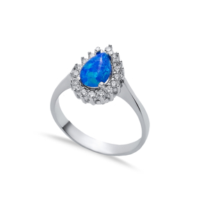 CZ Stone Pear Solitaire Blue Opal Silver Cluster Ring