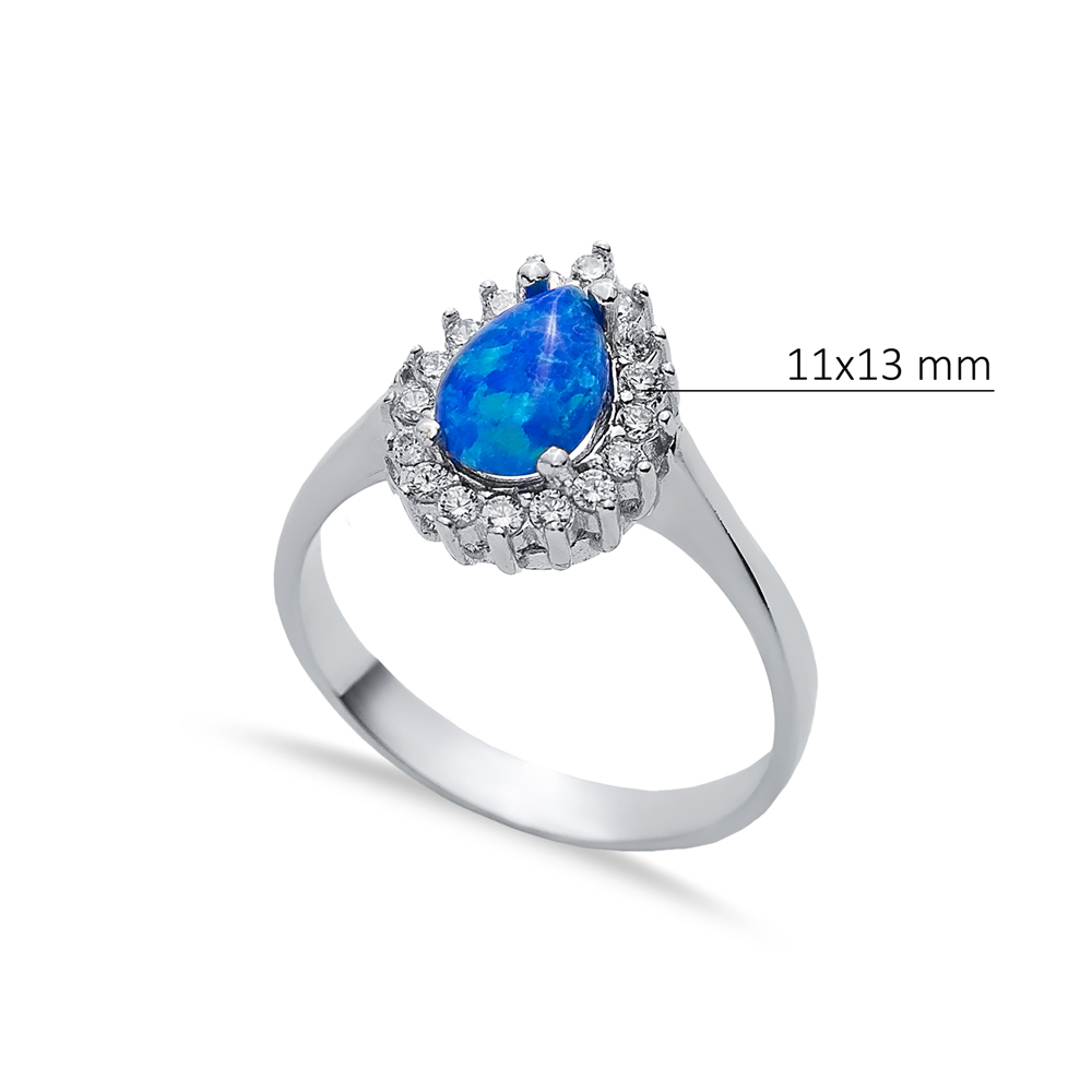 CZ Stone Pear Solitaire Blue Opal Silver Cluster Ring