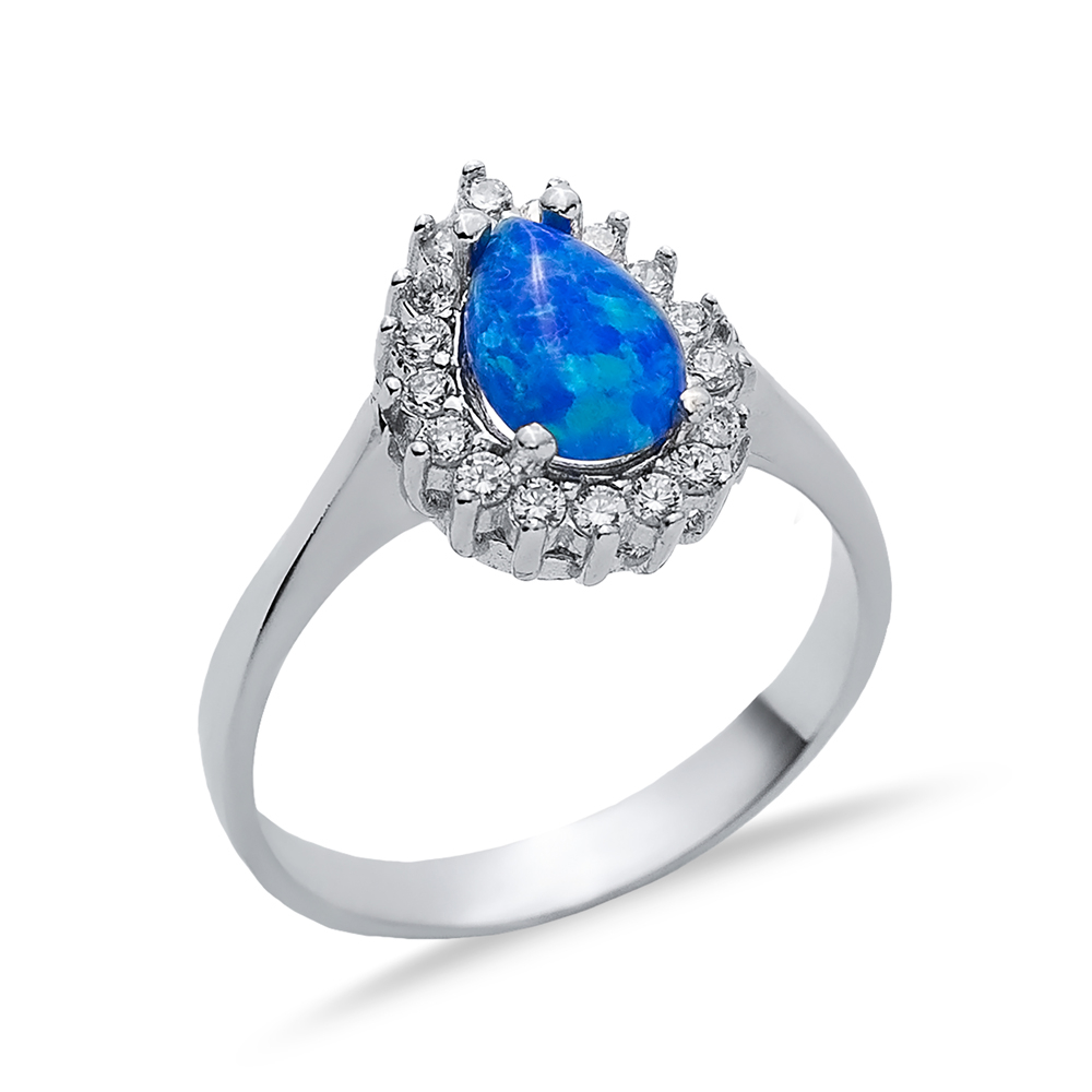 CZ Stone Pear Solitaire Blue Opal Silver Cluster Ring