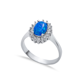Oval CZ Stone Solitaire Blue Opal 925 Silver Cluster Ring