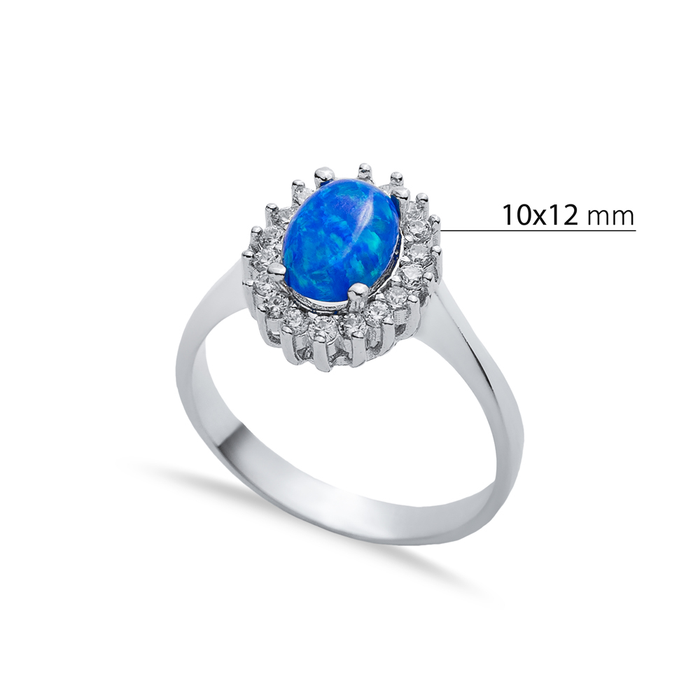 Oval CZ Stone Solitaire Blue Opal 925 Silver Cluster Ring