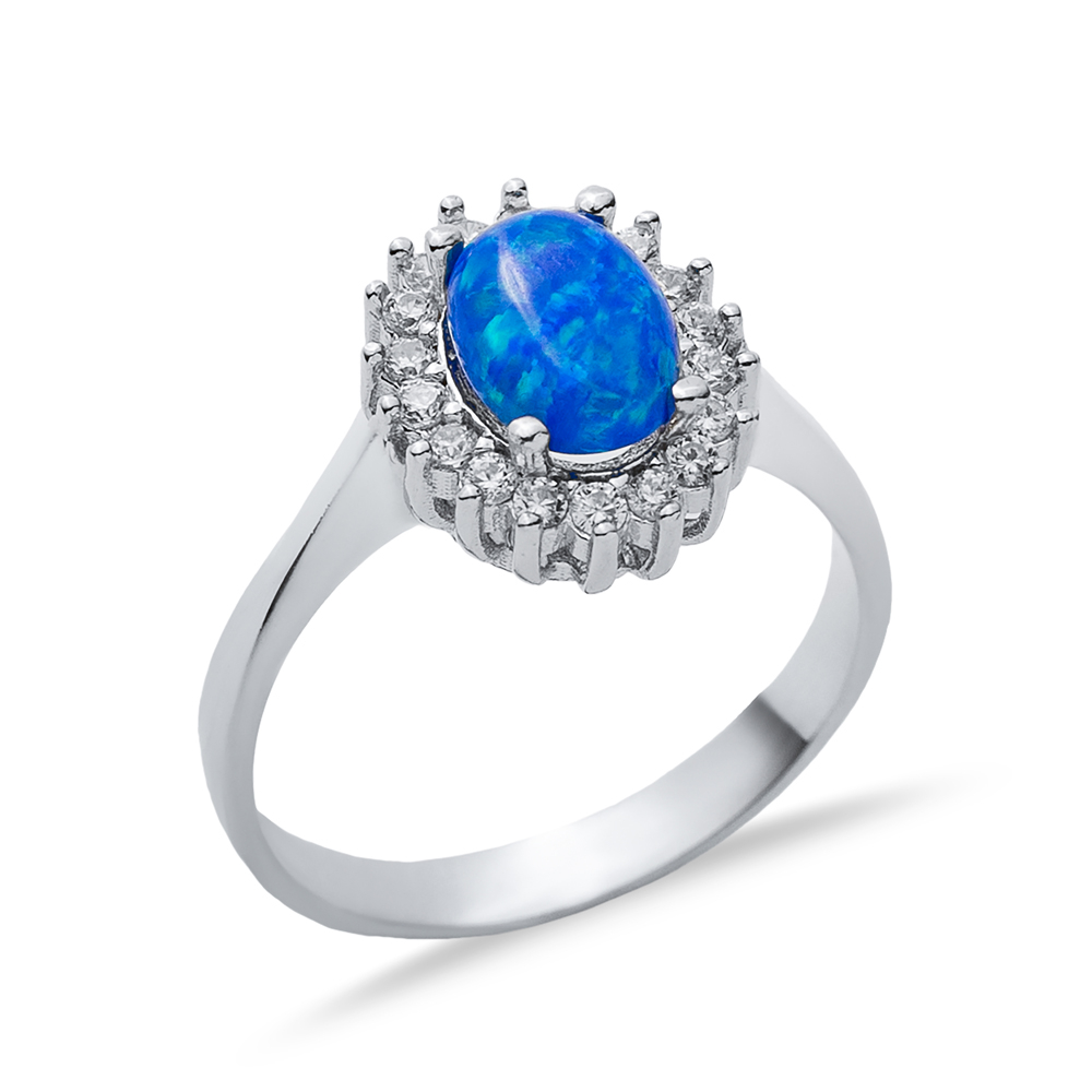 Oval CZ Stone Solitaire Blue Opal 925 Silver Cluster Ring