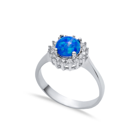 Round CZ Stone Solitaire Blue Opal 925 Silver Cluster Ring