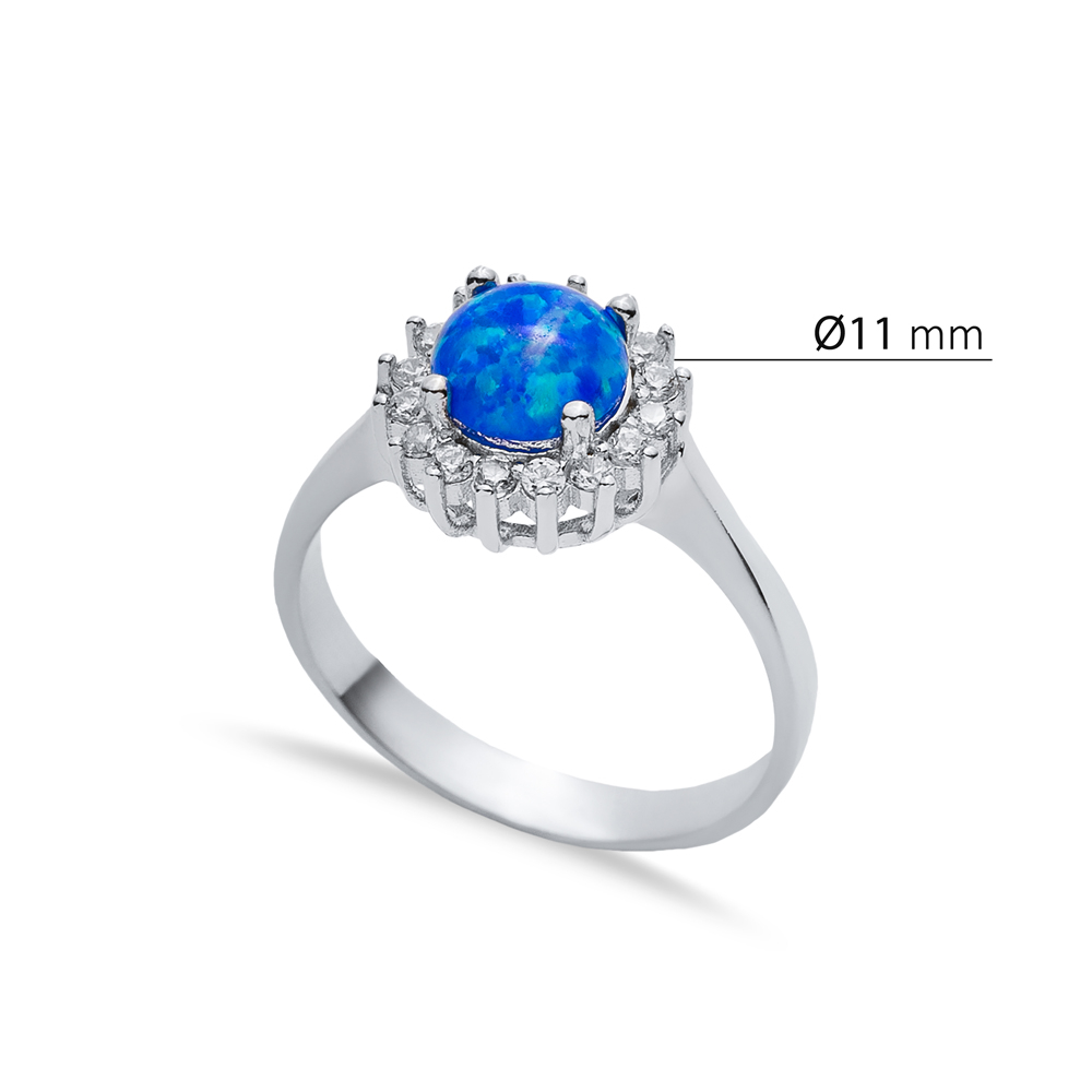 Round CZ Stone Solitaire Blue Opal 925 Silver Cluster Ring