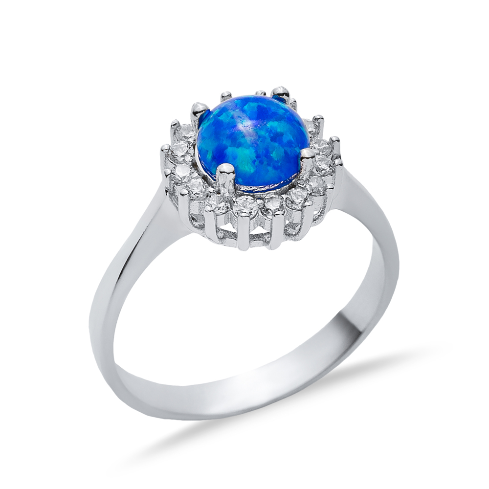 Round CZ Stone Solitaire Blue Opal 925 Silver Cluster Ring