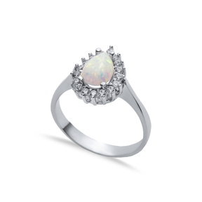 CZ Stone Pear Solitaire White Opal Silver Cluster Ring