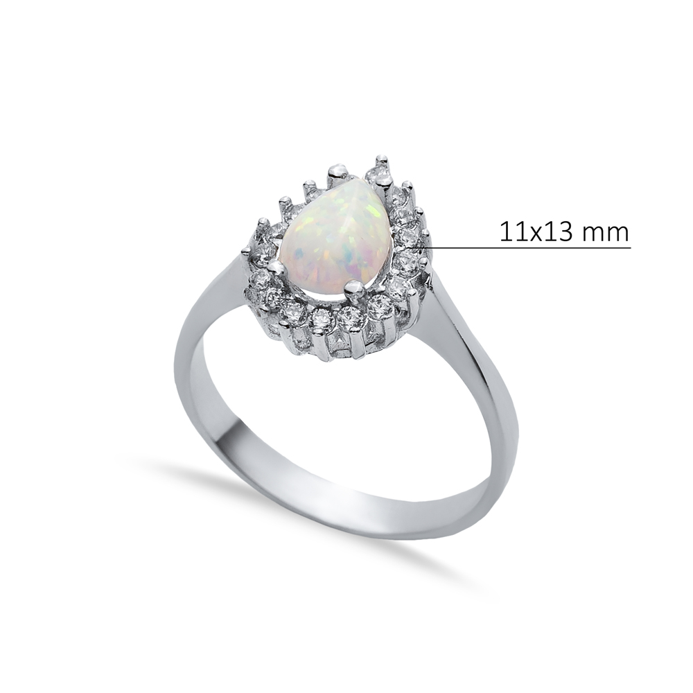 CZ Stone Pear Solitaire White Opal Silver Cluster Ring