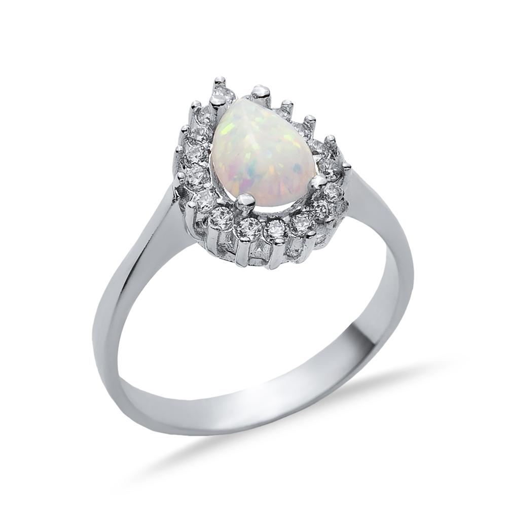 CZ Stone Pear Solitaire White Opal Silver Cluster Ring