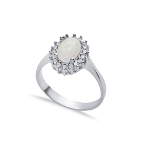 Oval CZ Stone Solitaire White Opal 925 Silver Cluster Ring