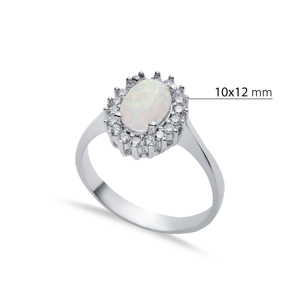 Oval CZ Stone Solitaire White Opal 925 Silver Cluster Ring