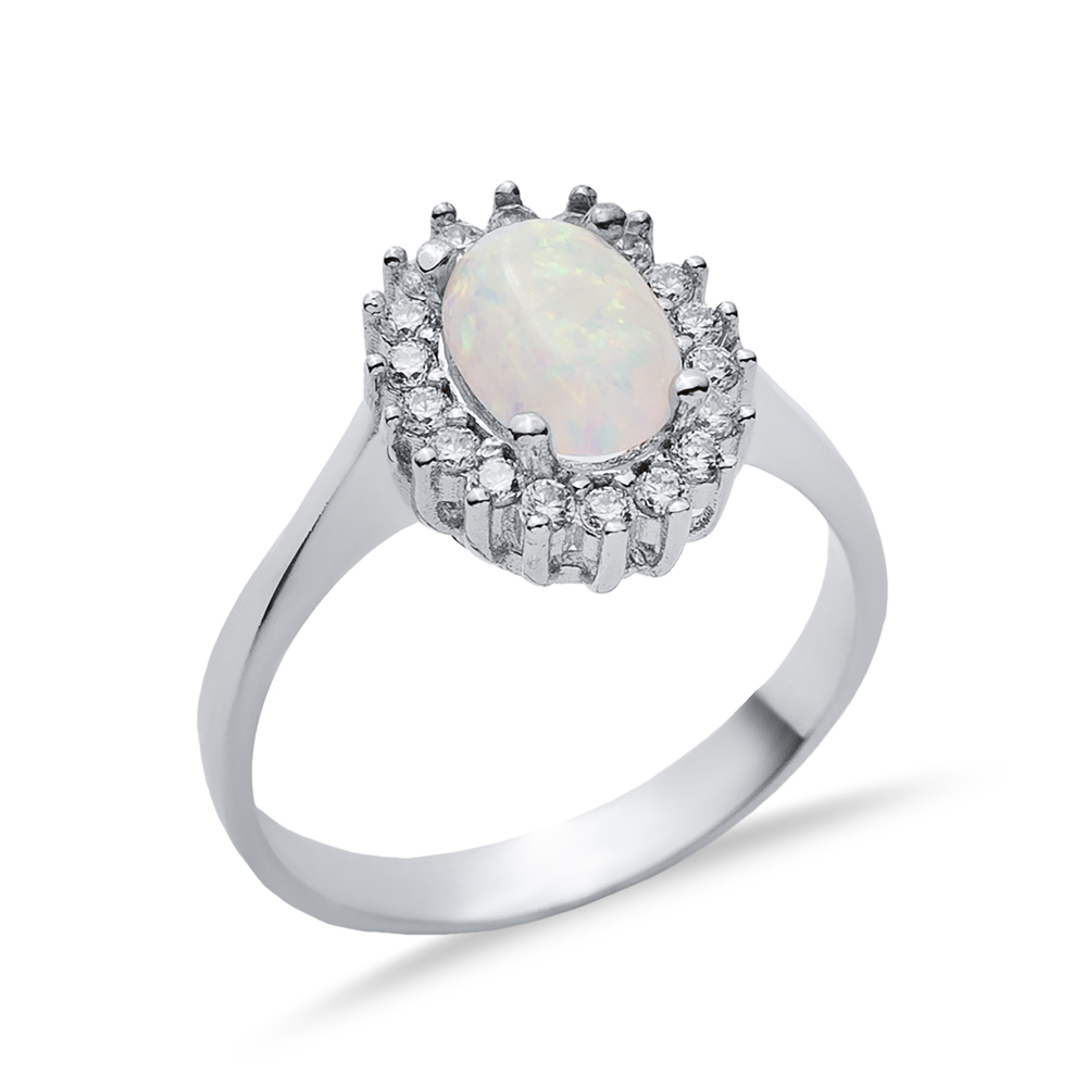 Oval CZ Stone Solitaire White Opal 925 Silver Cluster Ring