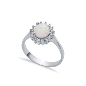 Round CZ Stone Solitaire White Opal 925 Silver Cluster Ring