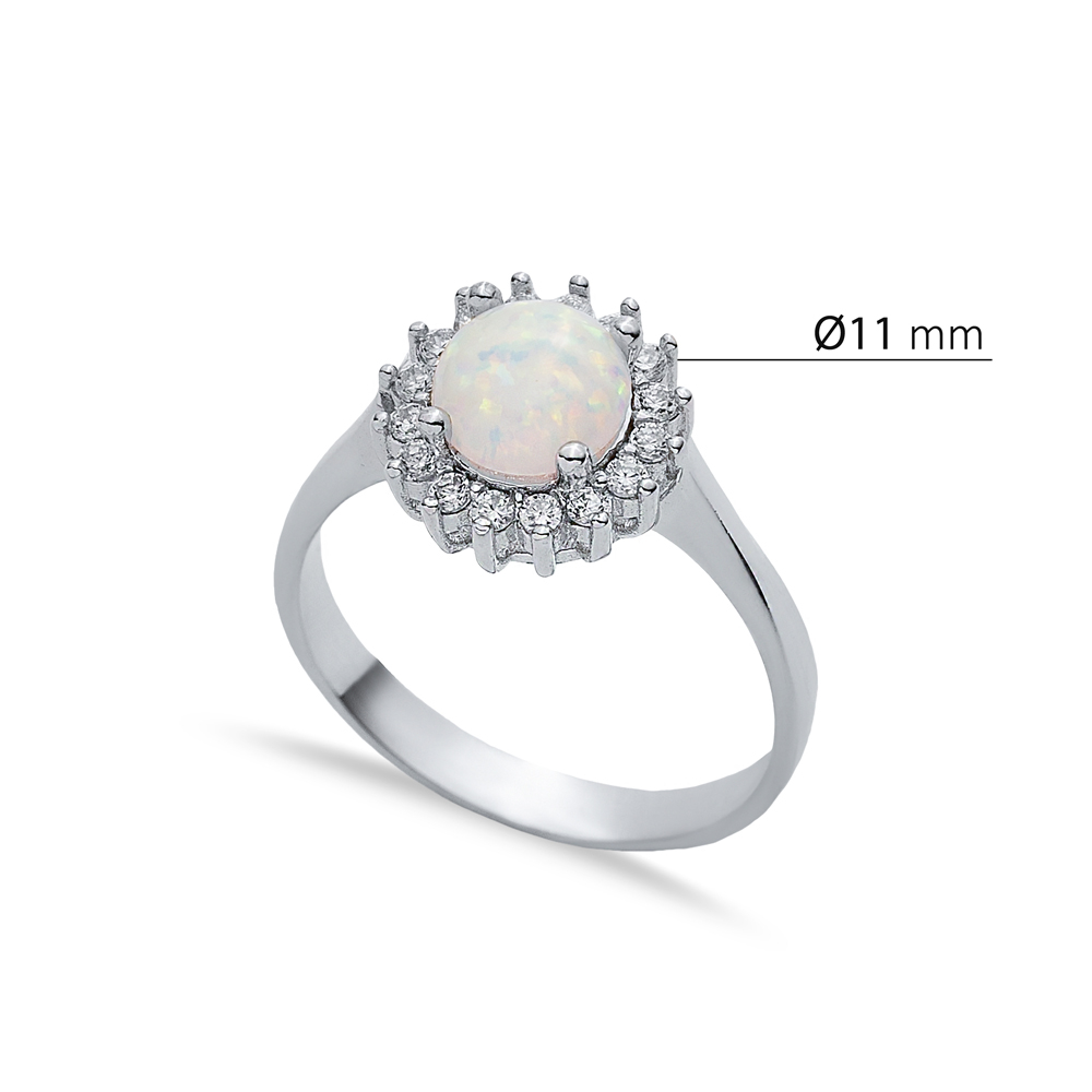 Round CZ Stone Solitaire White Opal 925 Silver Cluster Ring