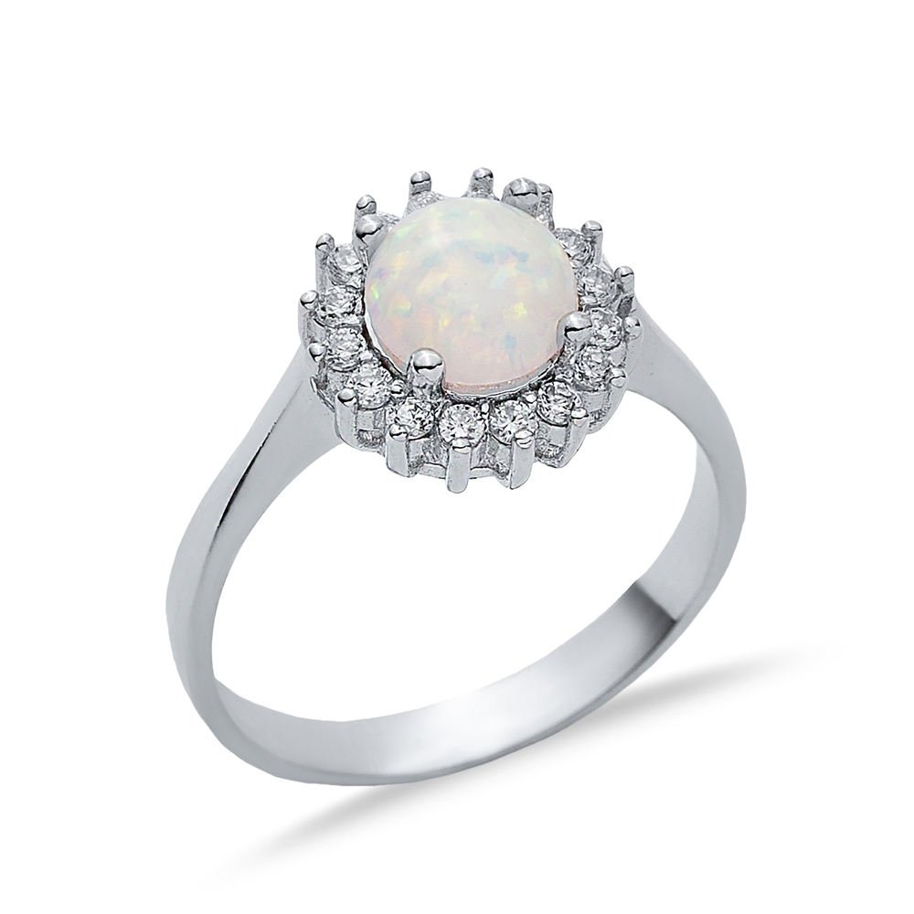 Round CZ Stone Solitaire White Opal 925 Silver Cluster Ring