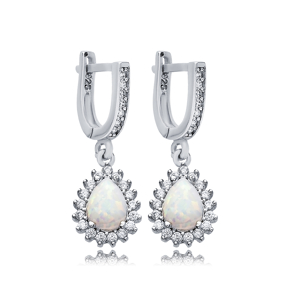 Pear Cut Opal Stone CZ Design Turkish Silver Dangle Earrings