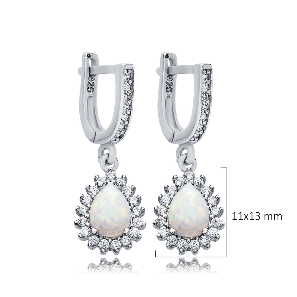 Pear Cut Opal Stone CZ Design Turkish Silver Dangle Earrings