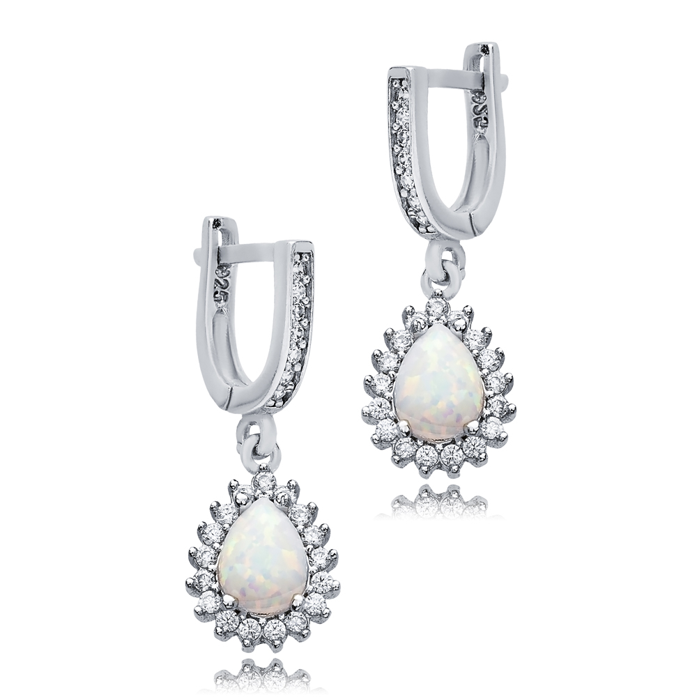 Pear Cut Opal Stone CZ Design Turkish Silver Dangle Earrings