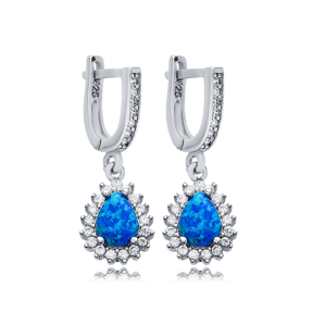 Pear Cut Blue Opal CZ Design Turkish Silver Dangle Earrings