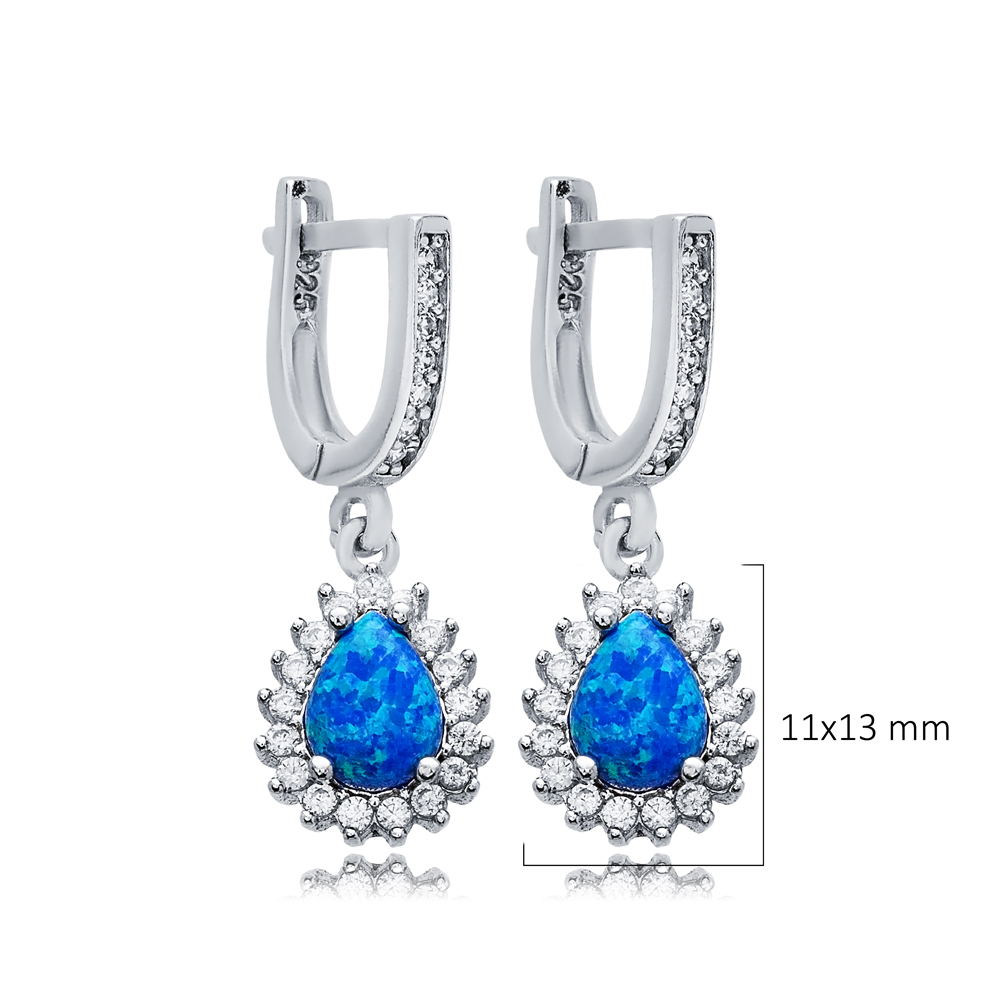 Pear Cut Blue Opal CZ Design Turkish Silver Dangle Earrings