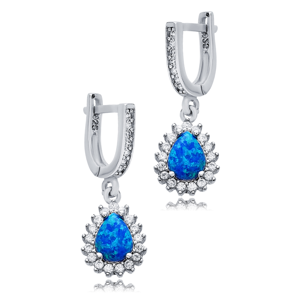 Pear Cut Blue Opal CZ Design Turkish Silver Dangle Earrings