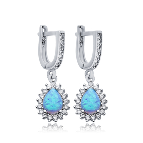 Pear Cut Light Blue Opal CZ Design Silver Dangle Earrings