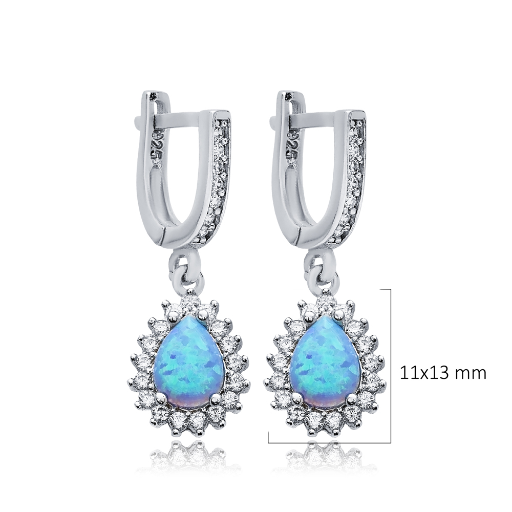 Pear Cut Light Blue Opal CZ Design Silver Dangle Earrings