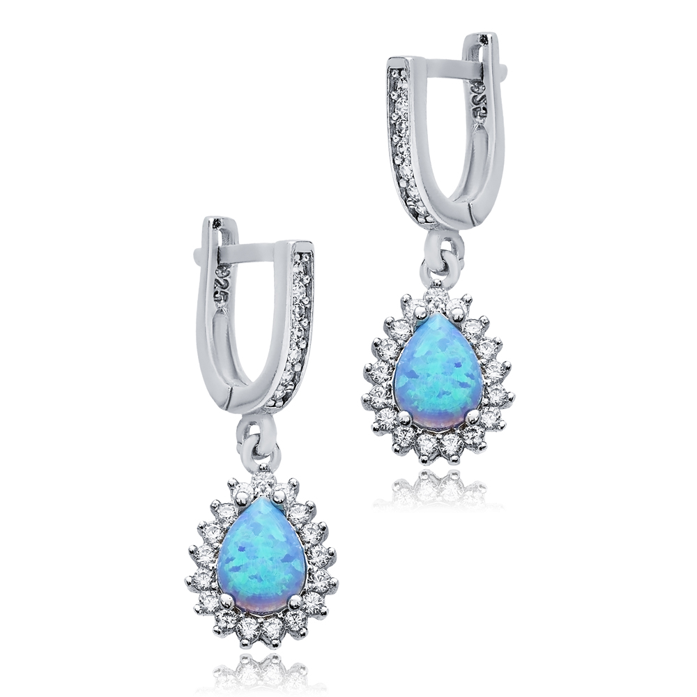 Pear Cut Light Blue Opal CZ Design Silver Dangle Earrings