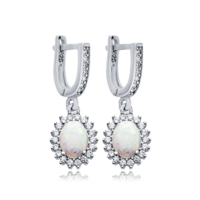 Oval Cut Opal Stone CZ Design Turkish Silver Dangle Earrings