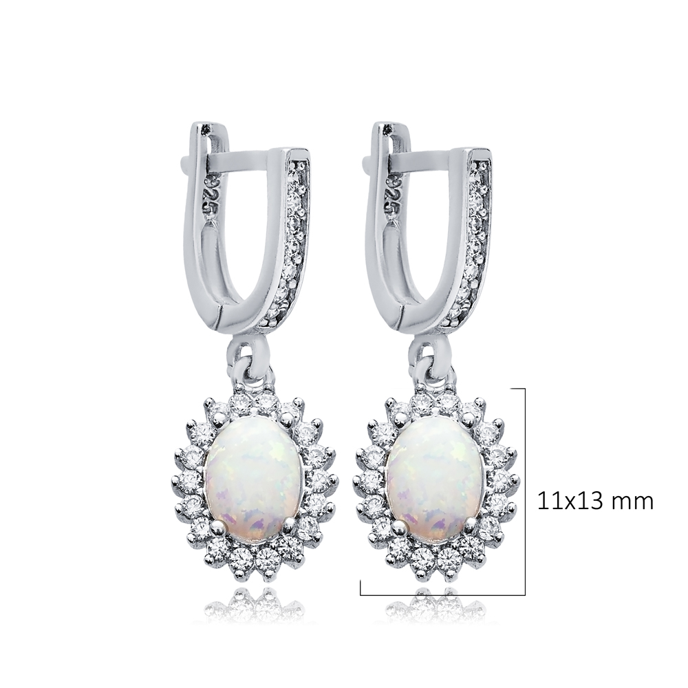 Oval Cut Opal Stone CZ Design Turkish Silver Dangle Earrings