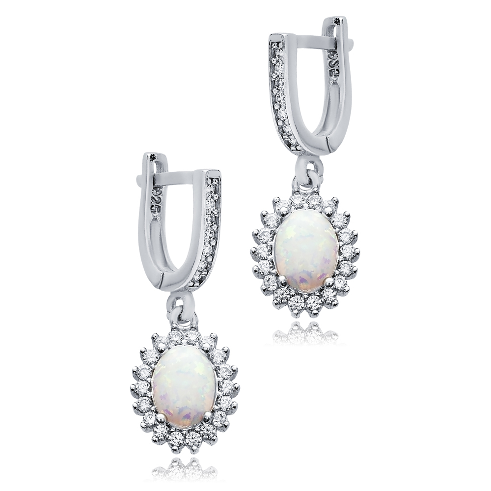 Oval Cut Opal Stone CZ Design Turkish Silver Dangle Earrings