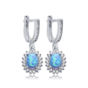 Oval Cut Light Blue Opal Stone CZ 925 Silver Dangle Earrings