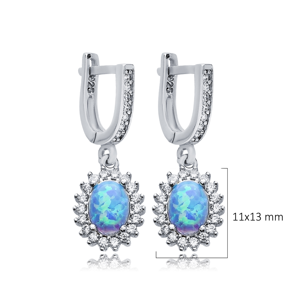 Oval Cut Light Blue Opal Stone CZ 925 Silver Dangle Earrings