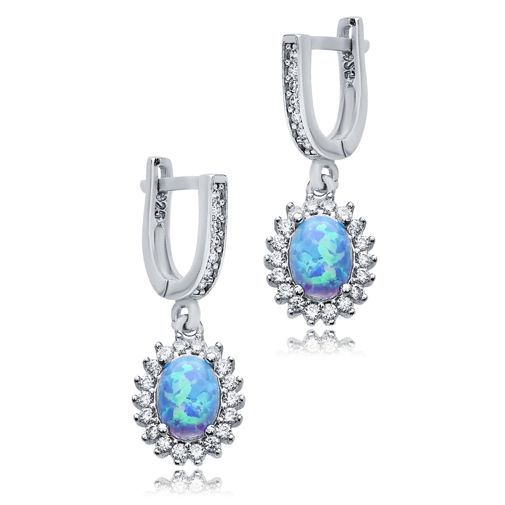 Oval Cut Light Blue Opal Stone CZ 925 Silver Dangle Earrings