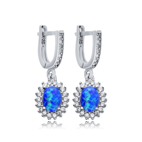 Oval Cut Blue Opal Stone CZ Wholesale Silver Dangle Earrings