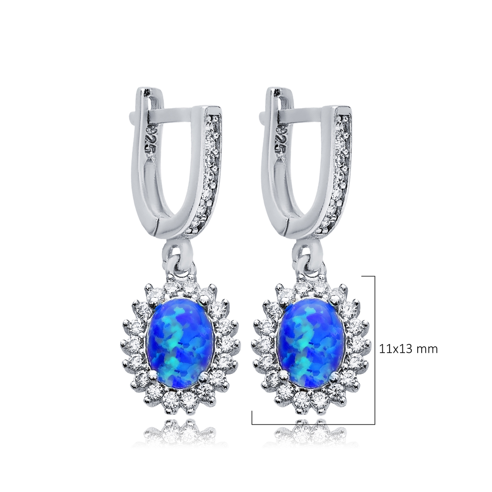 Oval Cut Blue Opal Stone CZ Wholesale Silver Dangle Earrings