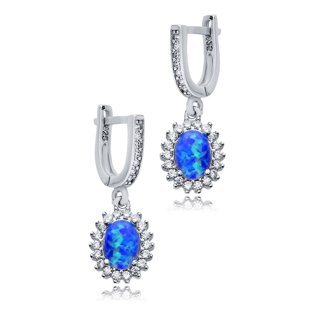 Oval Cut Blue Opal Stone CZ Wholesale Silver Dangle Earrings