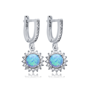 Round Cut Light Blue Opal Stone 925 Silver Dangle Earrings
