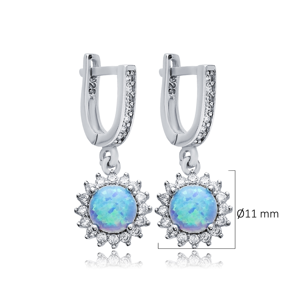 Round Cut Light Blue Opal Stone 925 Silver Dangle Earrings