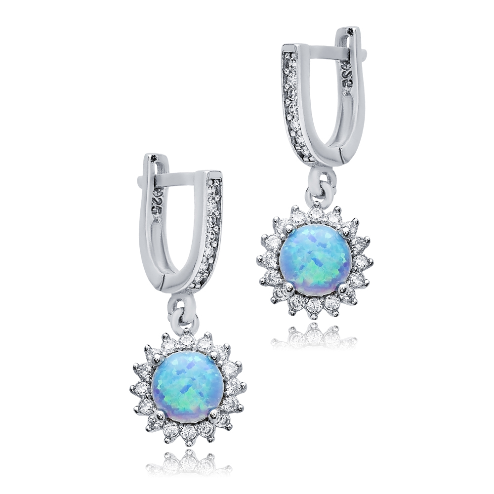 Round Cut Light Blue Opal Stone 925 Silver Dangle Earrings