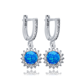 Round Cut Blue Opal Stone Trukish 925 Silver Dangle Earrings