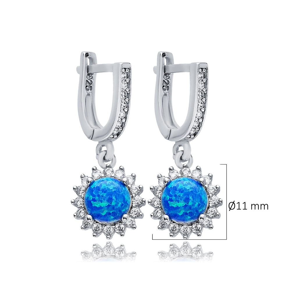 Round Cut Blue Opal Stone Trukish 925 Silver Dangle Earrings