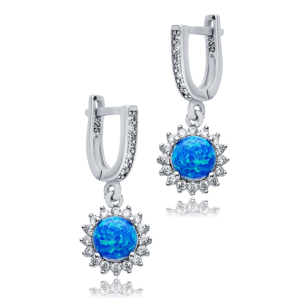 Round Cut Blue Opal Stone Trukish 925 Silver Dangle Earrings