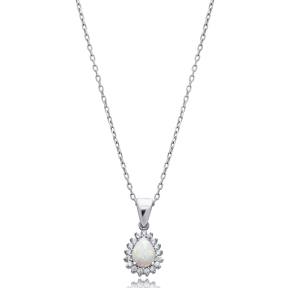 Pear Cut Design CZ White Opal Wholesale Silver Charm Necklace