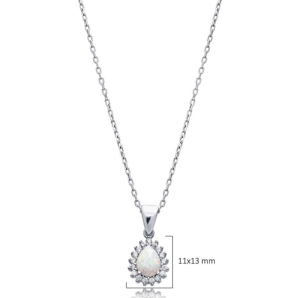 Pear Cut Design CZ White Opal Wholesale Silver Charm Necklace