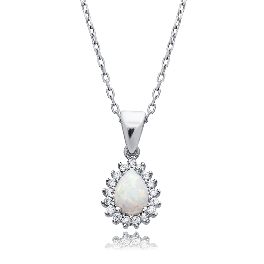 Pear Cut Design CZ White Opal Wholesale Silver Charm Necklace