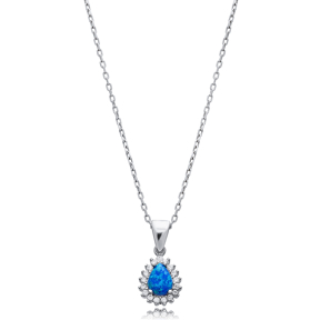 Pear Cut Design CZ Blue Opal Wholesale Silver Charm Necklace