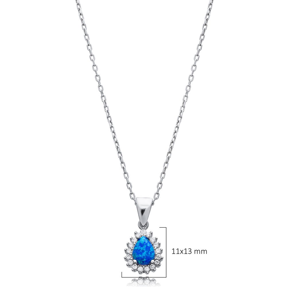 Pear Cut Design CZ Blue Opal Wholesale Silver Charm Necklace