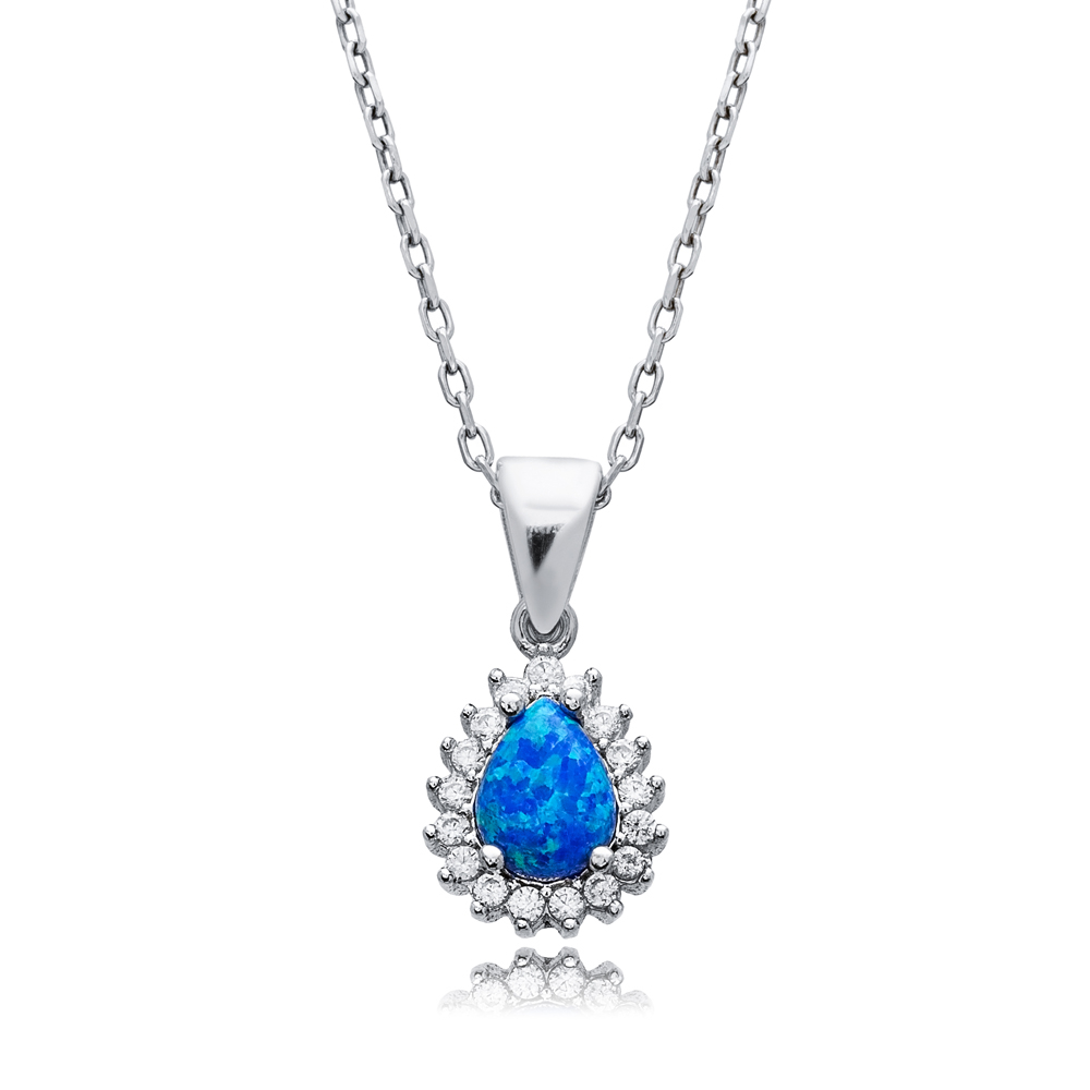 Pear Cut Design CZ Blue Opal Wholesale Silver Charm Necklace