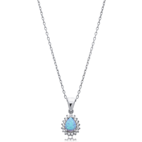 Pear Cut Design CZ Light Blue Opal 925 Silver Charm Necklace